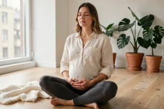 Femme enceinte pratiquant la méditation assise sur un plancher en bois pour gérer son stress pendant la grossesse