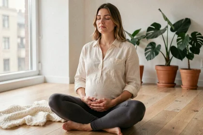 Femme enceinte pratiquant la méditation assise sur un plancher en bois pour gérer son stress pendant la grossesse