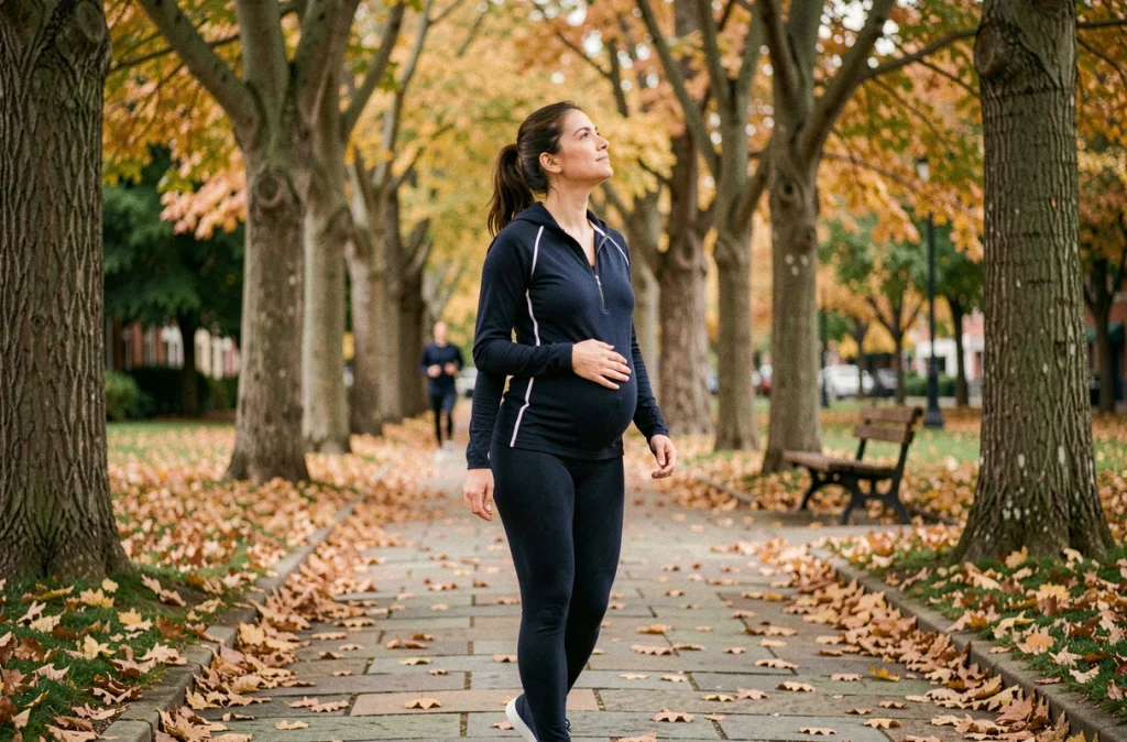 Femme enceinte se promenant dans un parc en automne pour réduire le stress et les émotions négatives pendant la grossesse