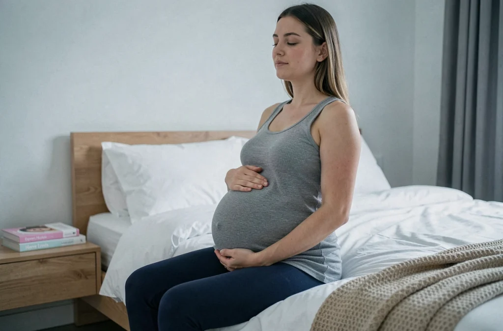 Femme enceinte assise sur le bord du lit les mains sur le ventre, se préparant à dormir dans le cadre d'une routine de sommeil saine durant la grossesse