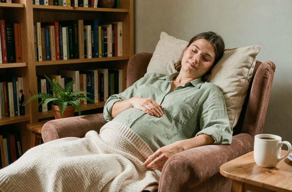 Femme enceinte au deuxième trimestre faisant une sieste dans un fauteuil confortable avec un coussin de grossesse, illustrant le besoin de repos supplémentaire pendant la grossesse