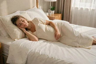 Femme enceinte au troisième trimestre dormant sur le côté dans un lit confortable avec des draps blancs, illustrant l'importance du sommeil pendant la grossesse