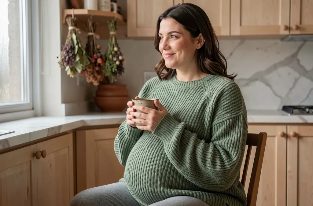 Femme enceinte sereine buvant une tisane dans sa cuisine, illustrant la gestion des émotions pendant la grossesse