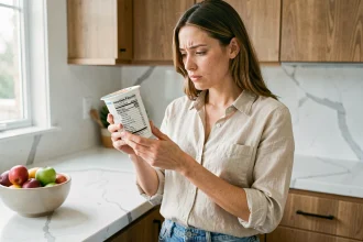 Femme lisant l'étiquette nutritionnelle d'un yaourt dans une cuisine moderne pour repérer les sucres cachés