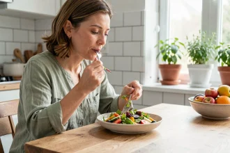 Femme mangeant lentement une salade colorée dans une cuisine moderne, favorisant la satiété et une alimentation consciente