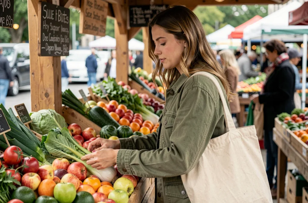 Jeune femme choisissant des légumes frais au marché pour adopter une alimentation sans sucres cachés et favoriser la minceur durable