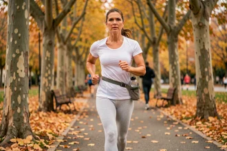 Femme de 40 ans marchant d'un pas vif sur un chemin de parc en automne pour perdre du poids