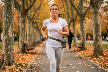 Femme de 40 ans marchant d'un pas vif sur un chemin de parc en automne pour perdre du poids