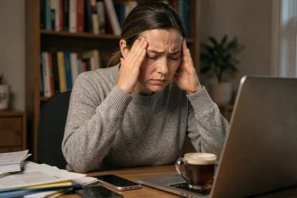 Femme adulte souffrant de migraine chronique les mains sur les tempes devant son bureau à domicile