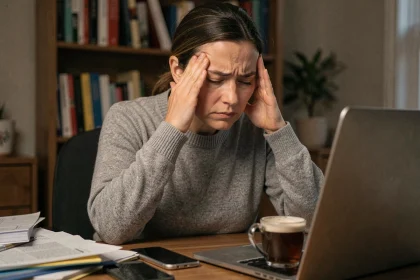 Femme adulte souffrant de migraine chronique les mains sur les tempes devant son bureau à domicile