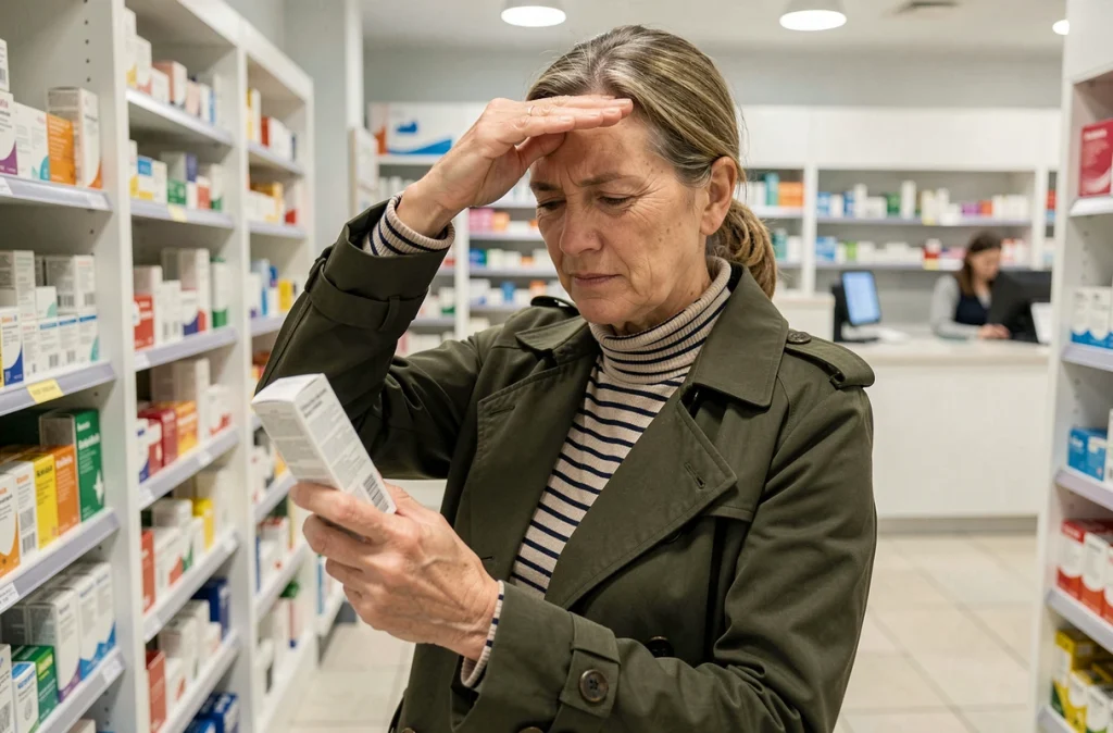 Femme adulte en pharmacie lisant une boîte de médicaments contre la migraine chronique