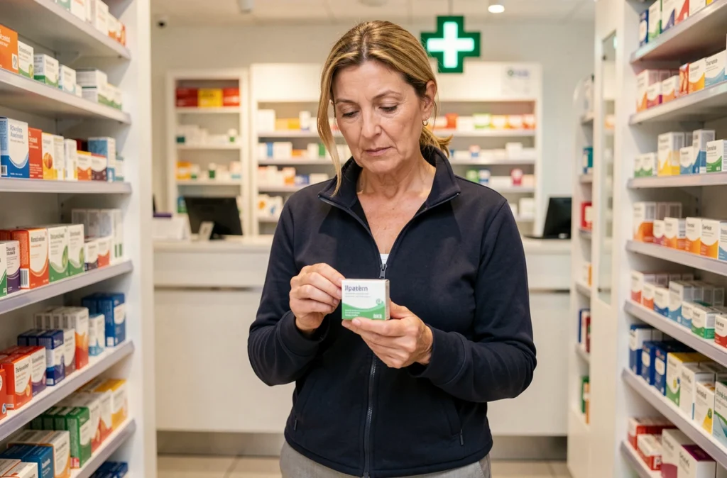 Femme en pharmacie lisant une boîte de médicament pour soulager les douleurs du bas ventre gauche et les troubles digestifs liés à la colite