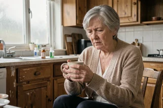 Femme âgée atteinte de polyarthrite rhumatoïde tenant une tasse avec des mains aux articulations gonflées dans une cuisine