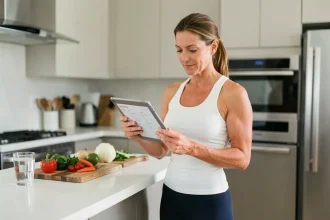 Femme de 40 ans consultant un programme minceur sur tablette dans une cuisine moderne avec légumes frais