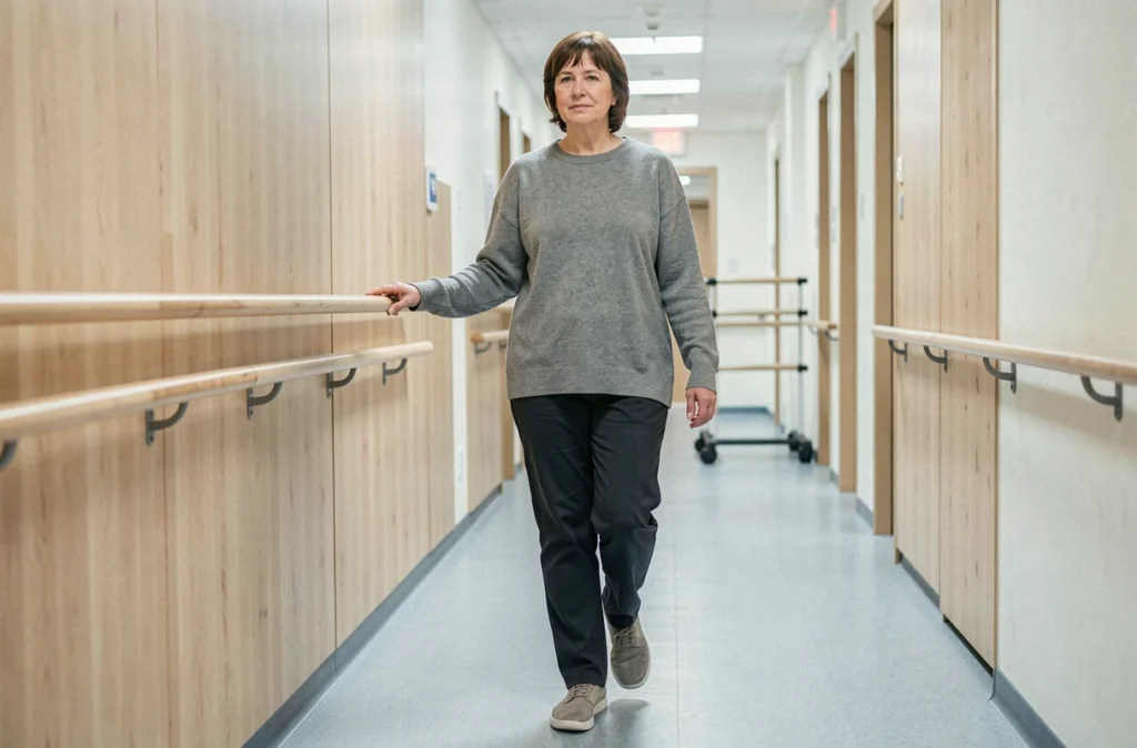 Femme en rééducation après chirurgie de la hanche marchant avec difficulté dans un couloir de clinique de physiothérapie