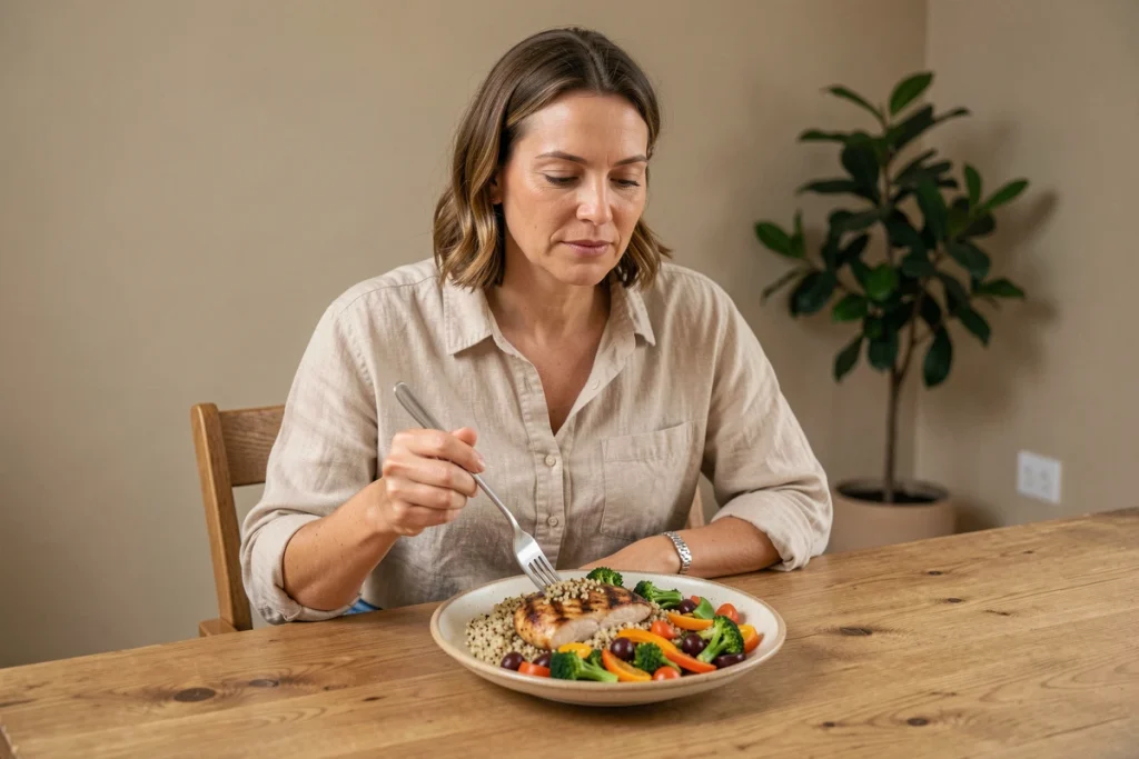 Femme mangeant un repas équilibré à une table en bois dans le cadre d'un programme de régime personnalisé