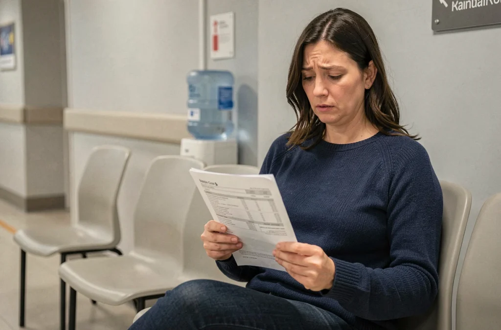 Femme adulte en salle d'attente hospitalière tenant ses résultats d'analyses biologiques montrant un excès de ferritine