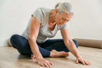 Femme senior pratiquant un étirement de souplesse articulaire sur un tapis de yoga à domicile