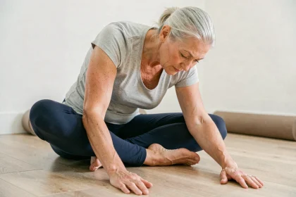 Femme senior pratiquant un étirement de souplesse articulaire sur un tapis de yoga à domicile