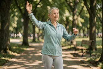 Femme de 65 ans pratiquant le tai chi en plein air dans un parc pour maintenir son autonomie physique