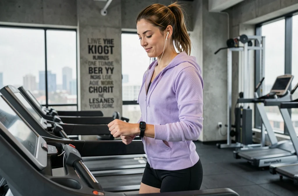 Jeune femme marchant sur un tapis roulant en salle de sport et consultant son tracker de fitness pour suivre sa perte de poids