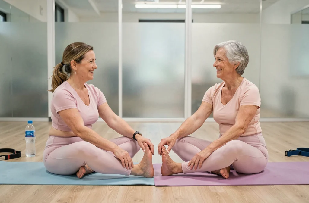 Deux femmes d'âge mûr réalisant des exercices d'étirement articulaire en duo dans un centre de bien-être
