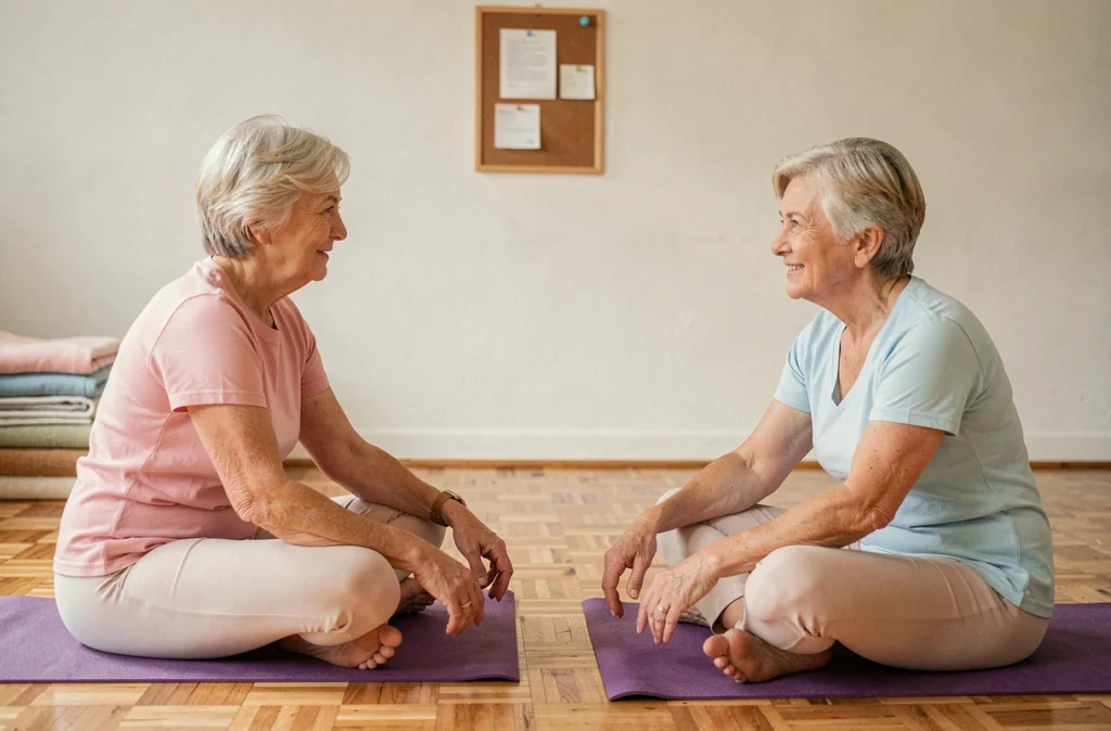 Deux femmes seniors pratiquant le yoga doux ensemble dans une salle communautaire, favorisant l'autonomie après 65 ans