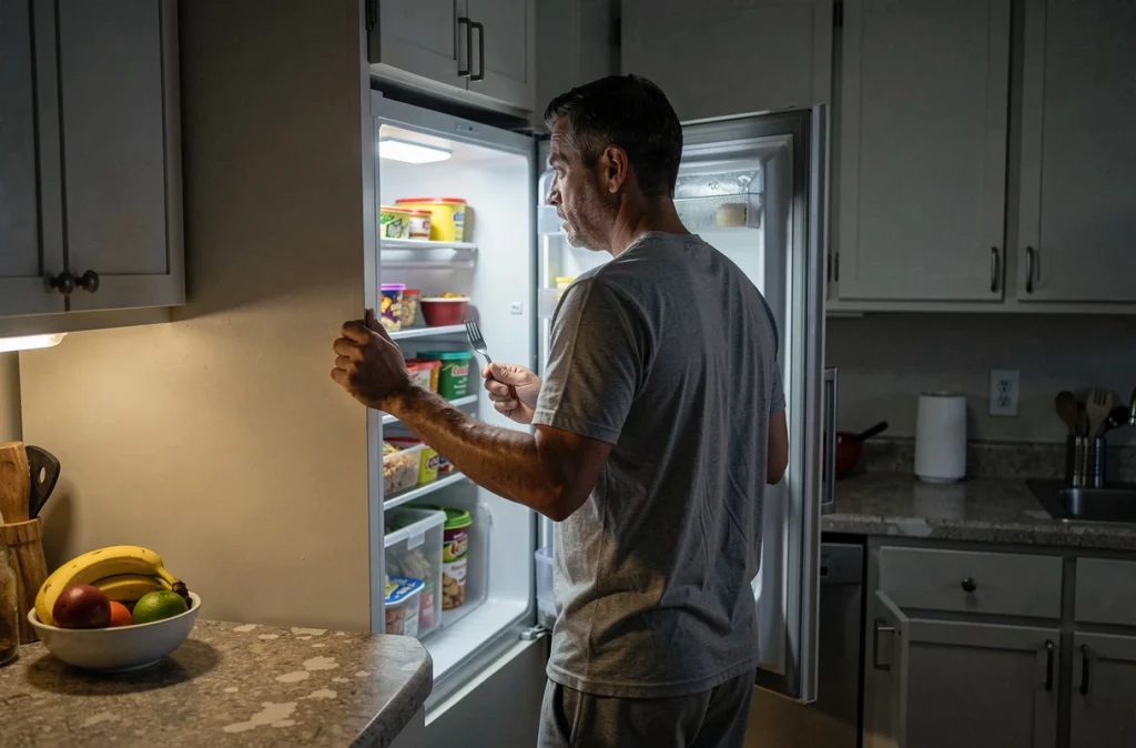 Homme qui mange la nuit devant le réfrigérateur ouvert, scène illustrant le grignotage nocturne lié au stress et aux troubles du sommeil