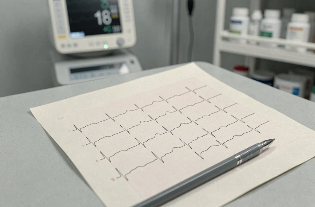 Gros plan sur un tracé ECG montrant les variations des ondes T et U liées aux troubles de la kaliémie