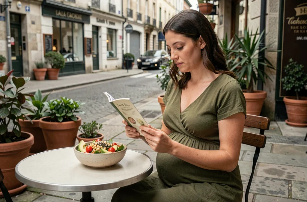 Femme enceinte lisant un guide nutritionnel en terrasse avec un repas sain à base d'avocat et de légumineuses