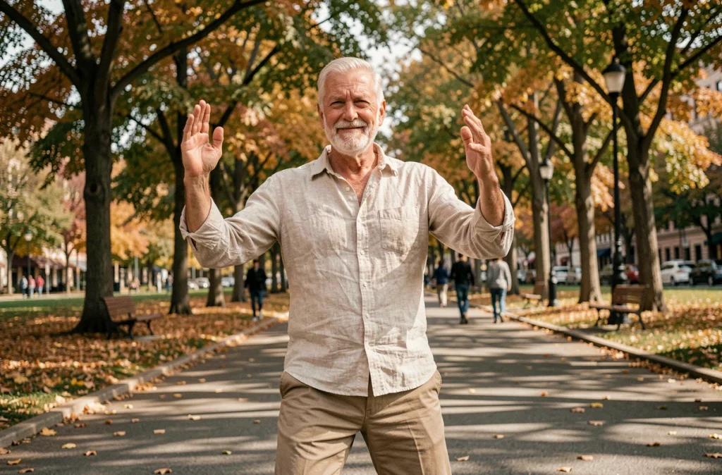 Homme âgé pratiquant le tai chi dans un parc pour maintenir la souplesse de ses articulations