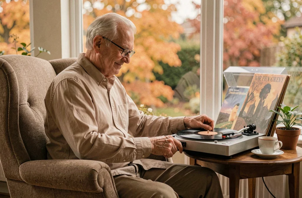 Homme âgé écoutant de la musique sur un tourne-disque vintage près d'une fenêtre en automne, lien entre musique et mémoire chez les aînés