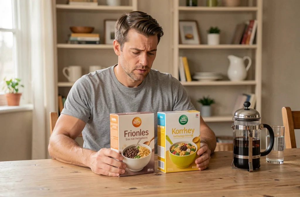 Homme comparant deux boîtes de céréales pour identifier les sucres cachés dans le cadre d'une alimentation saine