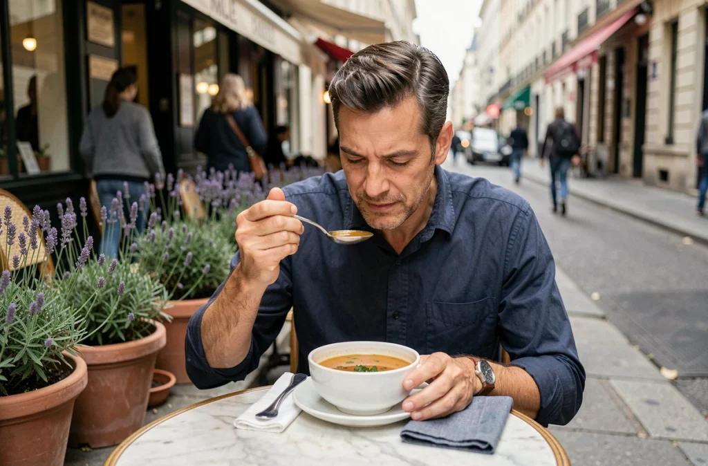 Homme savourant lentement une soupe dans un café parisien en terrasse, illustrant les bienfaits de manger sans précipitation