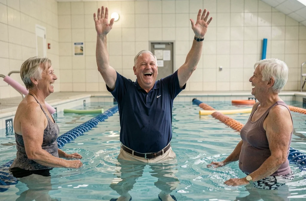 Homme senior en cours d'aquagym dans une piscine municipale, activité physique douce pour personnes âgées