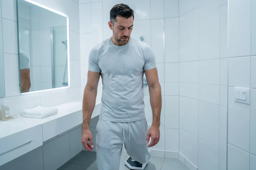 Homme de 35 ans se pesant sur une balance dans une salle de bain moderne dans le cadre d'un suivi minceur