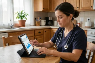 Infirmière à domicile utilisant le portail Medisys sur une tablette pour la télégestion des soins