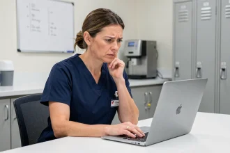 Infirmière frustrée devant un ordinateur portable affichant une erreur dans le logiciel NETSoins en salle de pause hospitalière