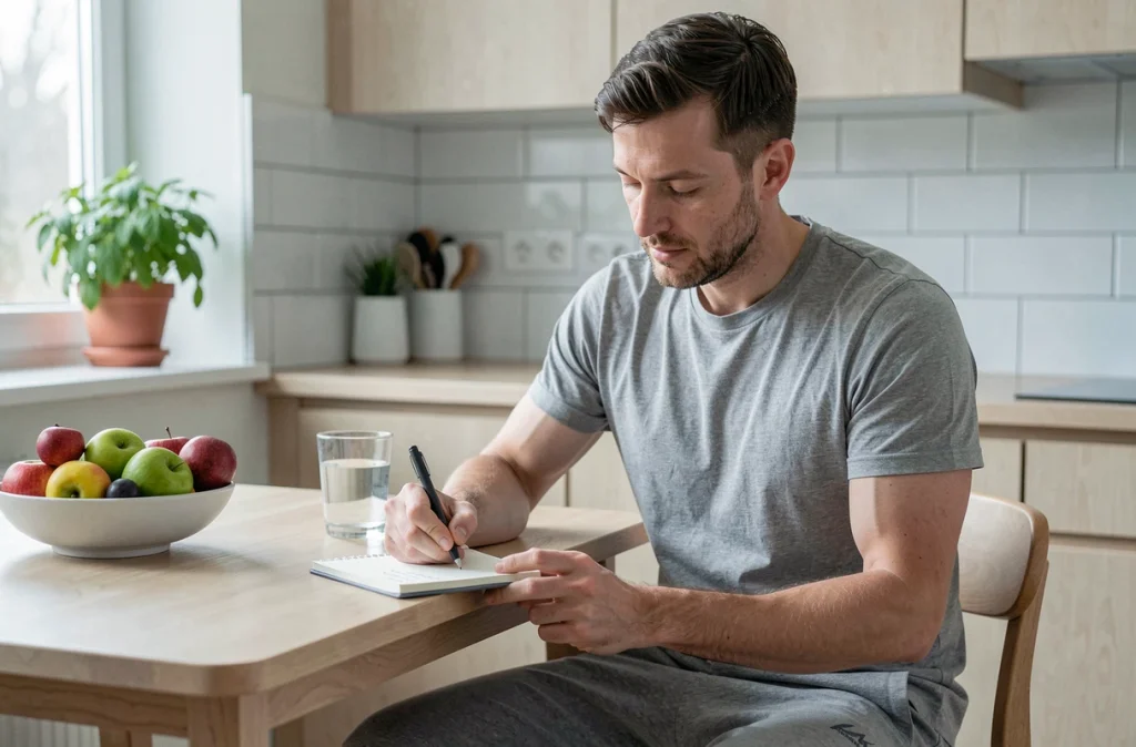 Homme notant ses habitudes de sommeil dans un carnet santé le matin, dans le cadre d'un programme minceur