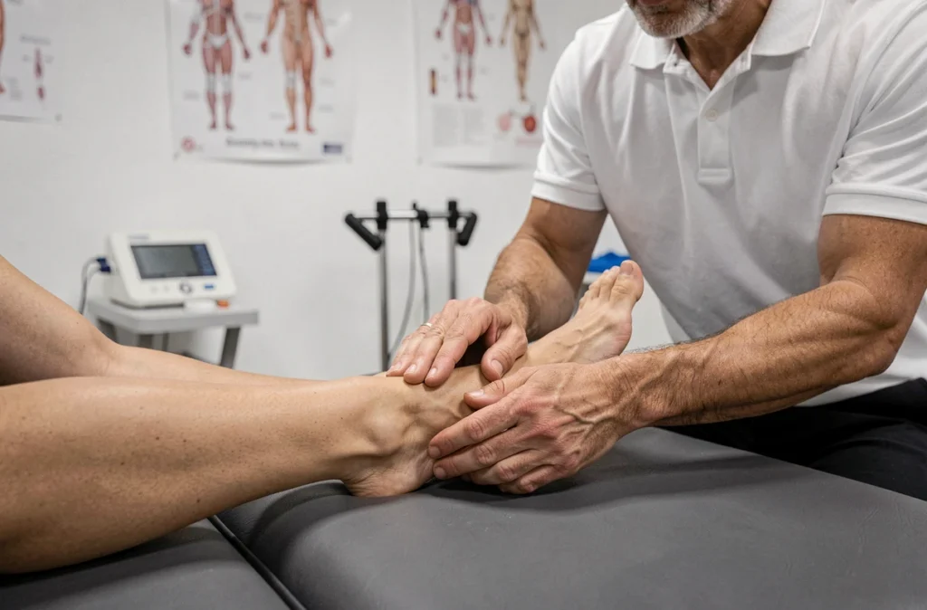 Kinésithérapeute sportif examinant la douleur sur le côté extérieur du pied gauche d'un patient en cabinet