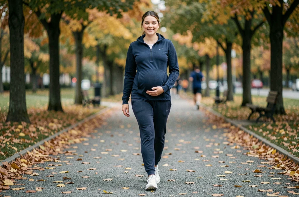Femme enceinte marchant dans un parc automnal en tenue de sport, une main posée sur son ventre arrondi