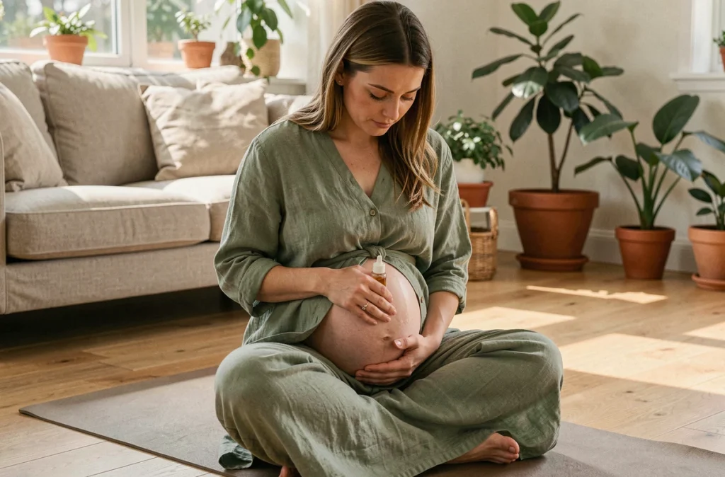 Femme enceinte massant son ventre avec une huile naturelle sur un tapis de yoga dans un salon lumineux