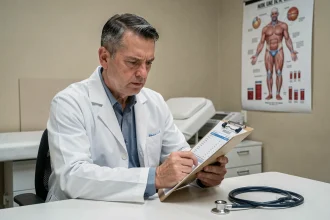 Médecin examinant des résultats d'analyse de sang avec des valeurs de ferritine élevées dans un cabinet médical