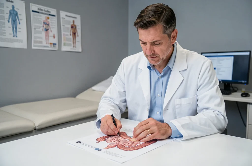 Médecin en consultation examinant un schéma anatomique du côlon pour expliquer la différence entre colite et douleurs abdominales gauches
