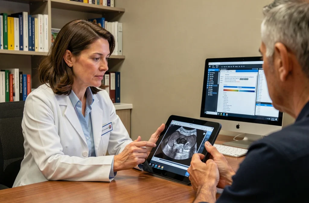 Médecin femme en blouse blanche examinant une échographie de la région de l'aine sur une tablette numérique lors d'une consultation médicale