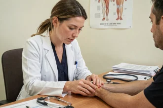 Médecin généraliste examinant une rougeur caractéristique de la maladie de Lyme sur le bras d'un patient en consultation