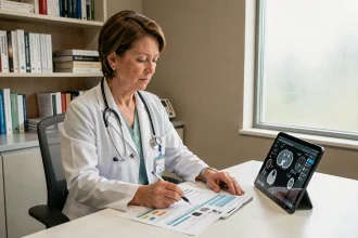 Médecin spécialiste analysant des résultats diagnostiques pour le zonivizectrum dans un cabinet médical moderne