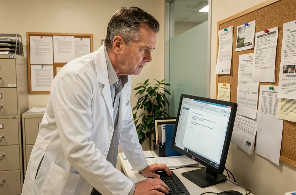 Médecin administratif consultant un message d'erreur sur NETSoins depuis un poste de travail de bureau médical