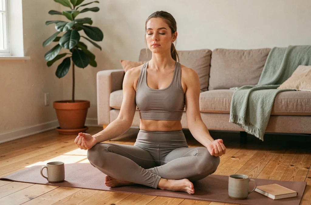 Jeune femme méditant sur un tapis de yoga chez elle, illustrant la gestion du stress par la pleine conscience pour prévenir la prise de poids