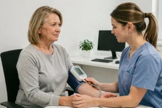 Une femme d'âge mûr en consultation médicale avec une infirmière mesurant sa tension artérielle à l'aide d'un tensiomètre numérique affichant les chiffres systolique et diastolique